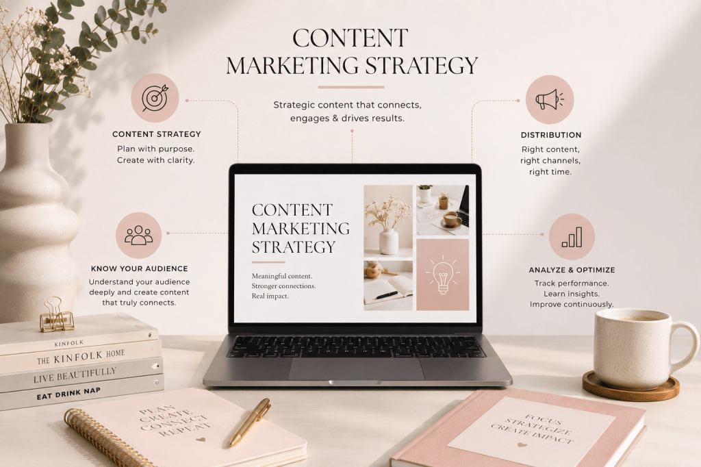 Content marketing strategy infographic showing content strategy, distribution, audience research and analytics pillars