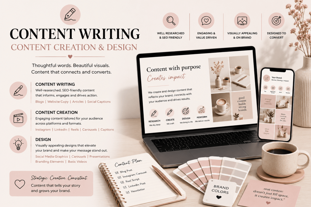 Content writing and design illustration showing blog writing, website copy, and Canva graphics