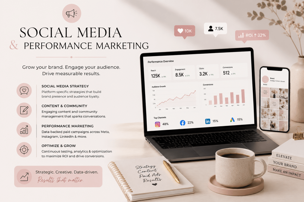 Social media marketing services illustration showing content, ads, and analytics working together
